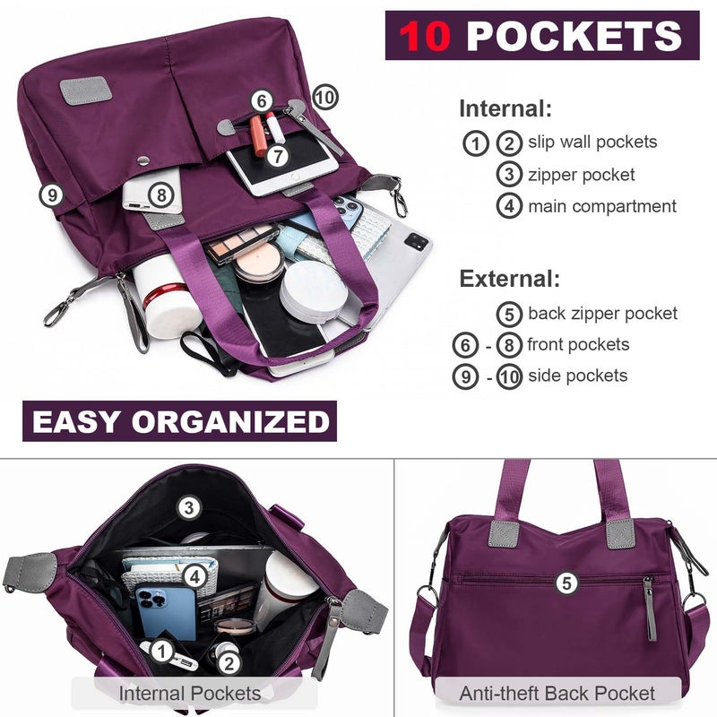 YouNuo Women's Tote Bag with Multiple Pockets & Zipper, Nylon, Purple 1 - Image 5